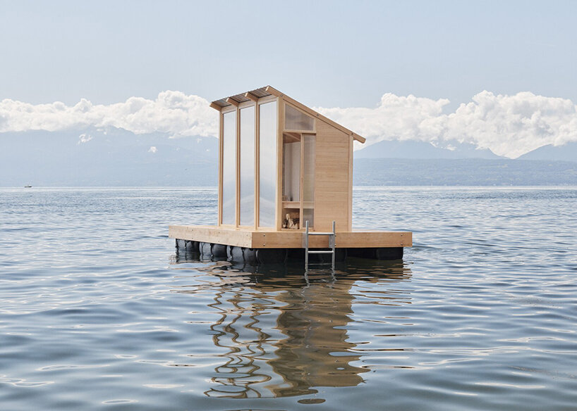 enjoy a steam aboard this floating prefab sauna on lake geneva