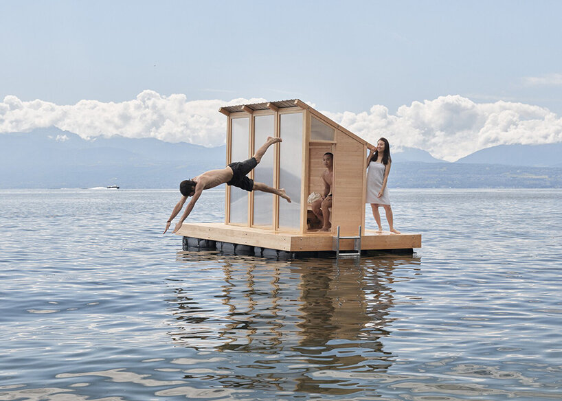 enjoy a steam aboard this floating prefab sauna on lake geneva