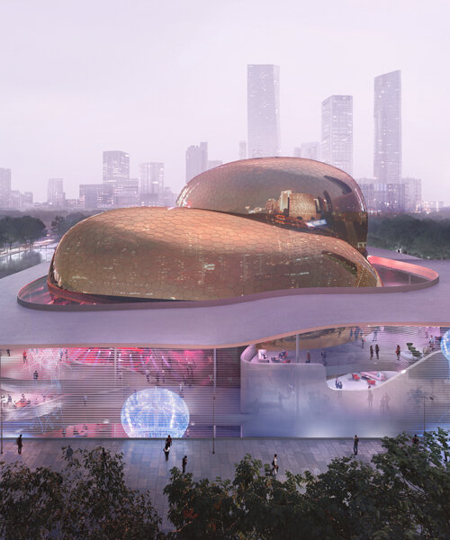 ennead architects' performing arts center will occupy two golden volumes in shenzhen