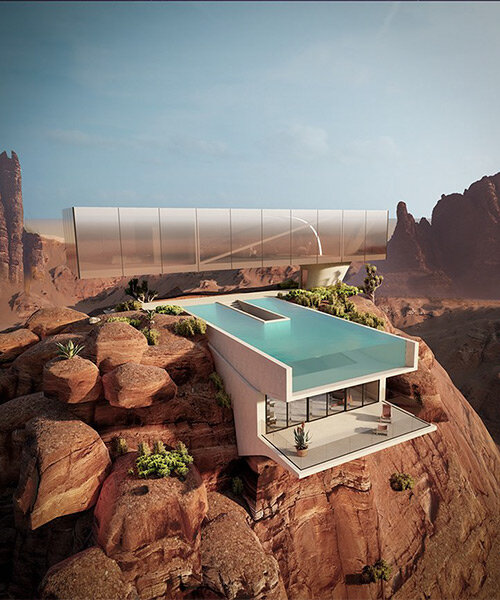 render of the day: a minimalist pool house sitting on top of a desert rock