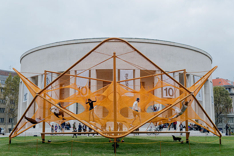 prostoria 10 marks decade of design with climbable net pavilion, sculptures & exhibition