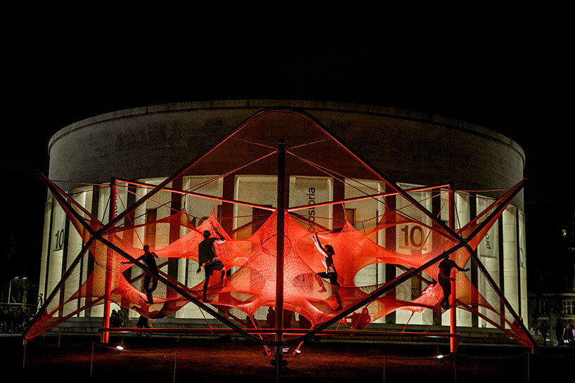prostoria 10 marks decade of design with climbable net pavilion, sculptures & exhibition