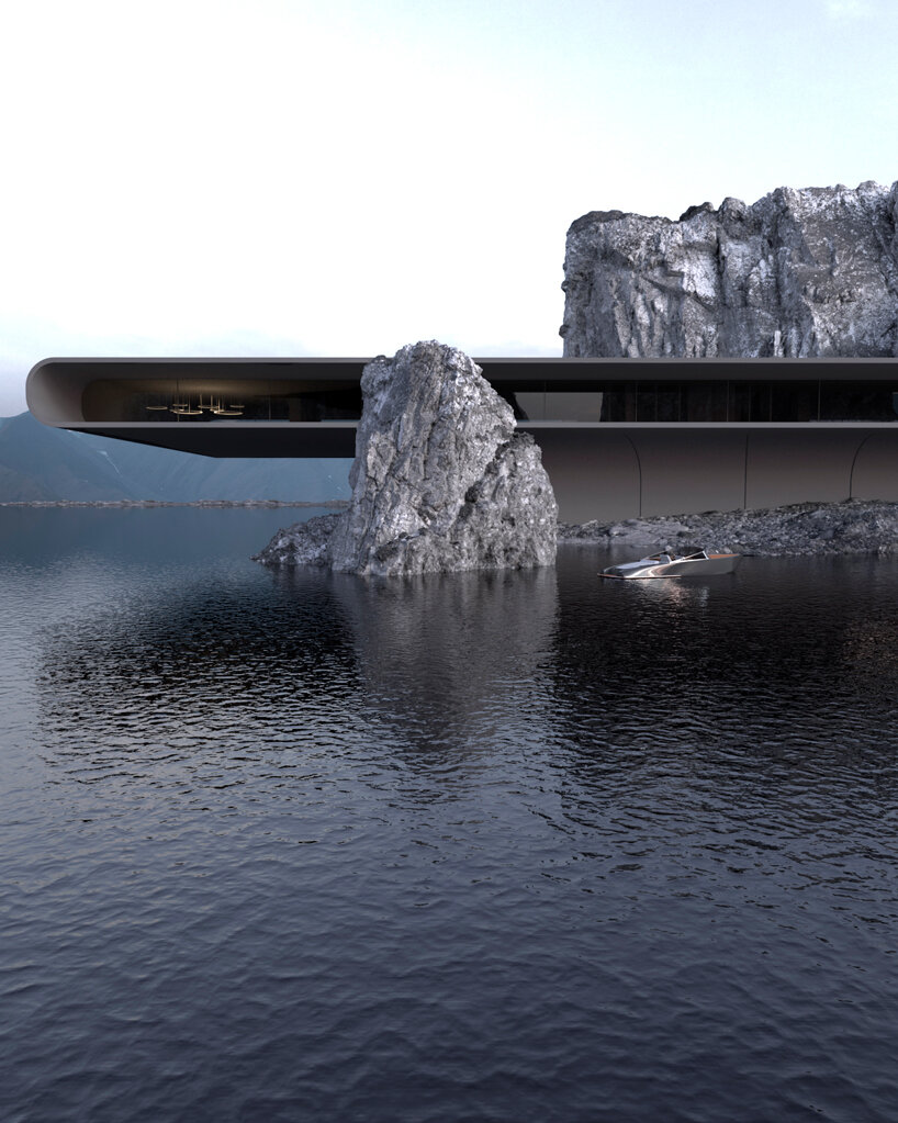 roman vlasov's floating concept house emerges from coastal cliffs