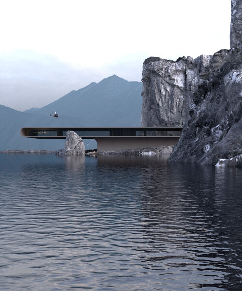 roman vlasov's floating concept house emerges from coastal cliffs