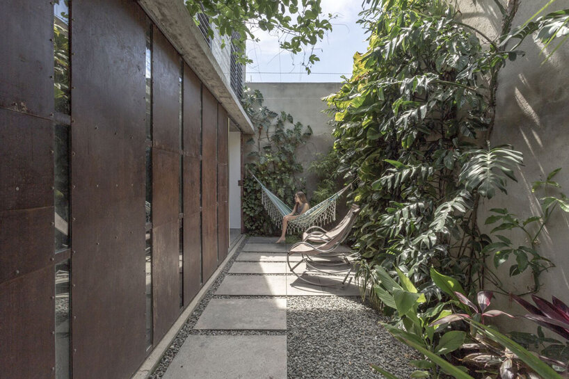a lush garden grows the entire height of albor arquitectos' tower house in cuba
