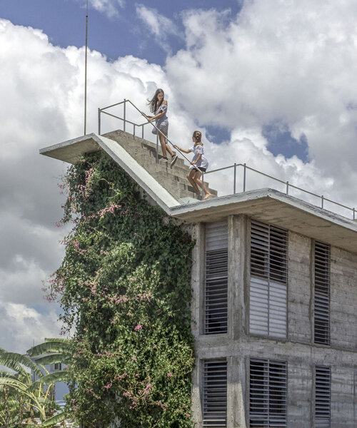 a lush garden grows the entire height of albor arquitectos' tower house in cuba