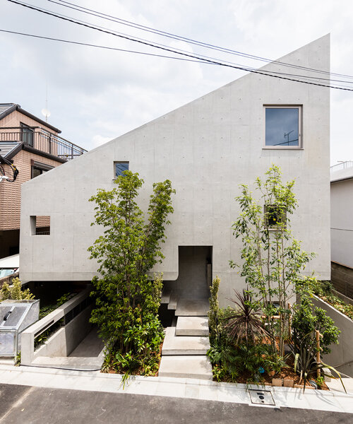 furuya design's hanegi + housing is an array of angled, floating volumes in tokyo