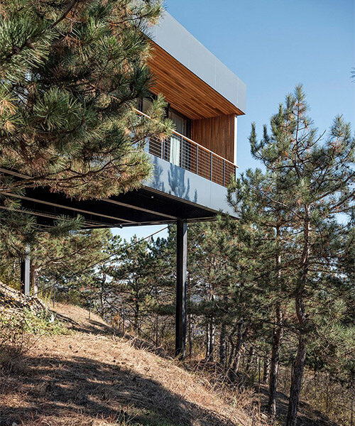 hillside house on stilts by TWO+ preserves natural surroundings within crimean forest