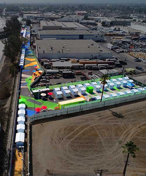 lehrer architects turns a thin sliver of land into a vibrant tiny village for the homeless in LA
