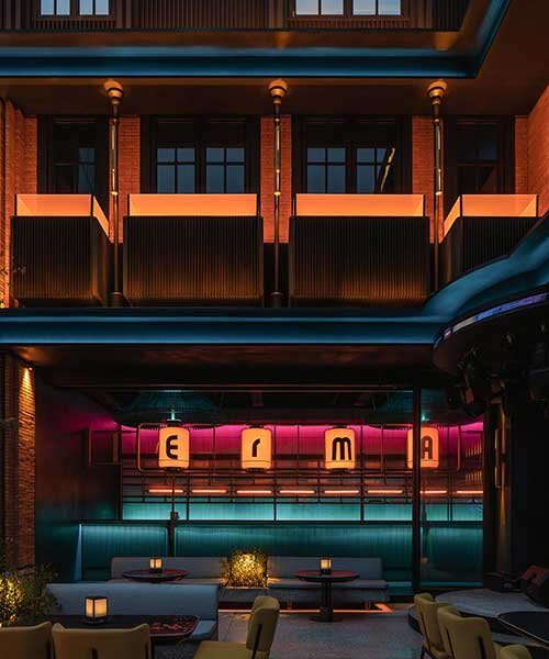 geometrical lines and pops of color create a tipsy night within retro pub in china