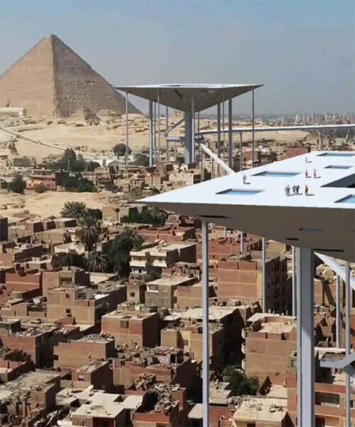 seven inverted pyramids form a cultural network above the bustling city of cairo