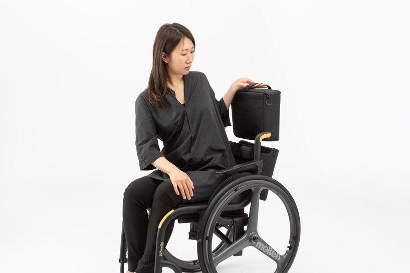 the wheeliy foldable wheelchair features yellow accents for intuitive handling