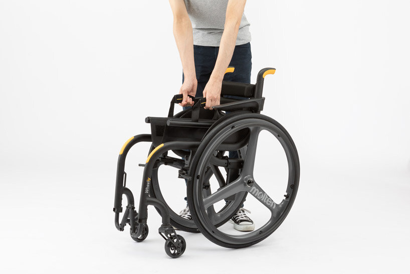 the wheeliy foldable wheelchair features yellow accents for intuitive handling