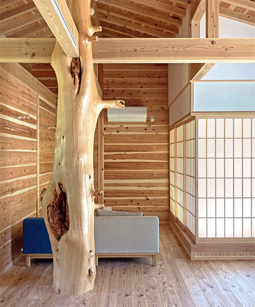 giant wooden pillars and traditional charm complete this single-story residence in japan