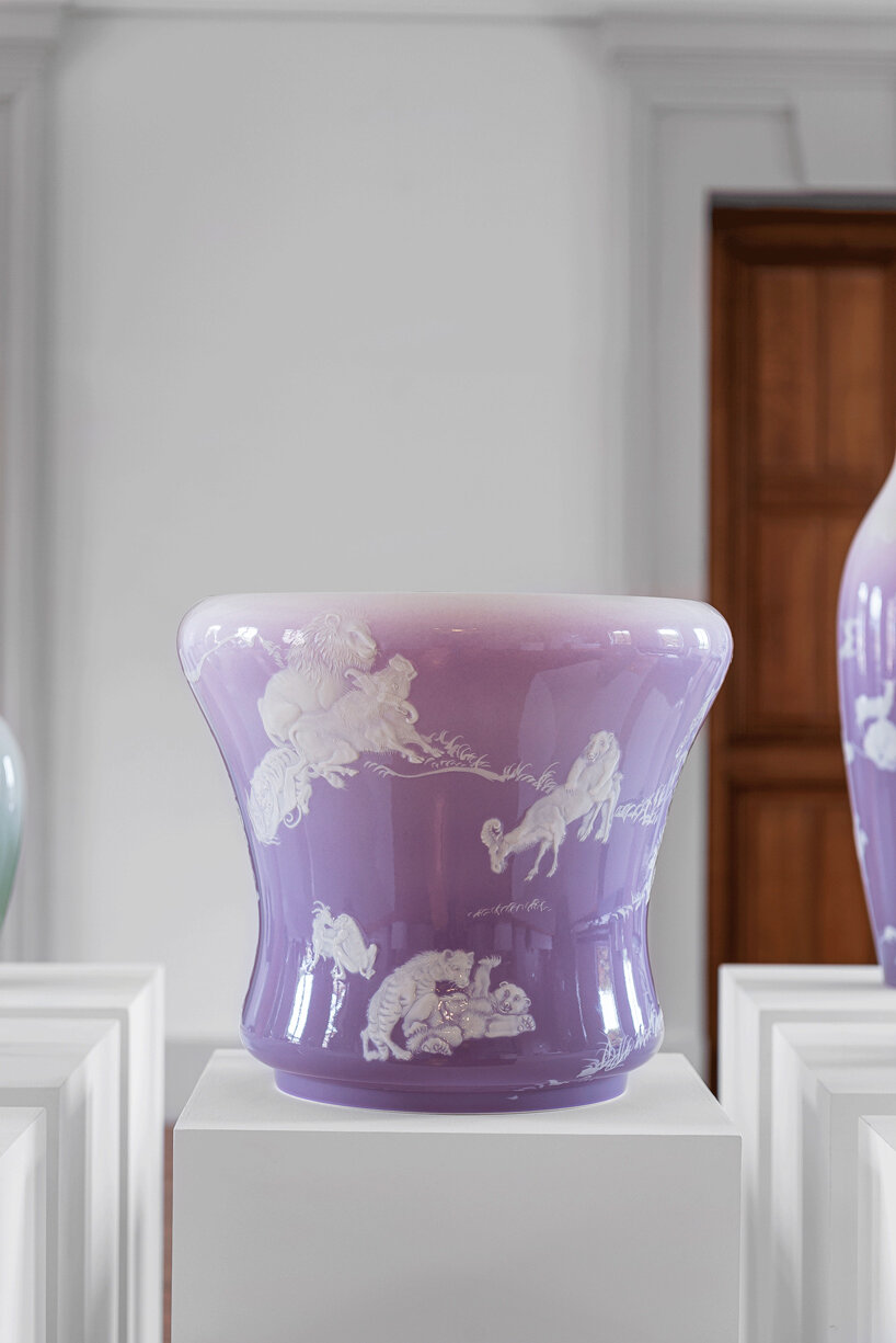 yang jiechang depicts the superiority of nature on a series of embossed vases