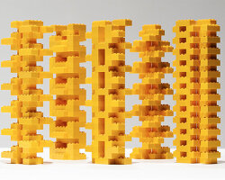 reza aliabadi constructs surreal towers using only 2x4 yellow LEGO bricks