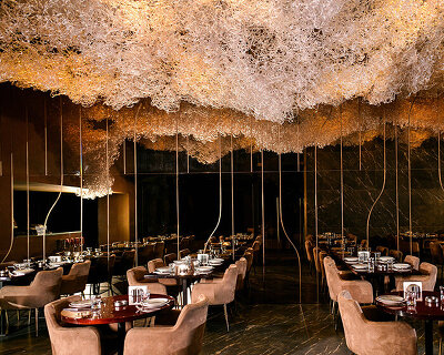 a cloud-shaped installation floats within this new dining spot in downtown beirut