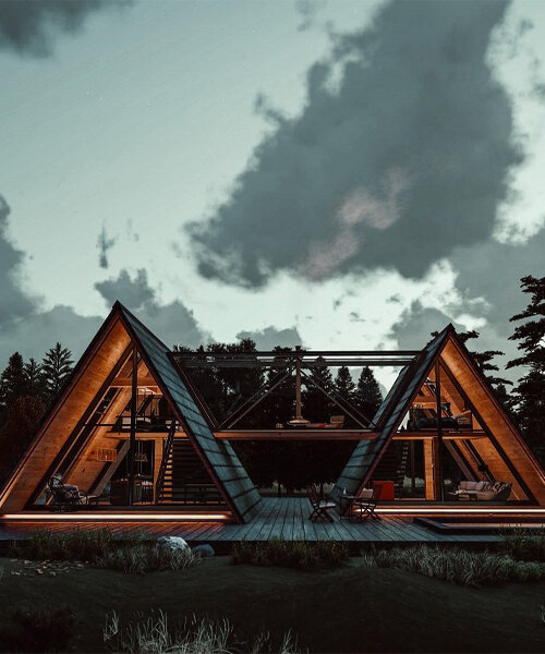 soheil kiani visualizes two symmetrical cabins connected by walkway in iranian forest