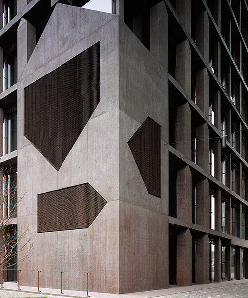 recurring house-shaped elements articulate concrete office tower by valerio olgiati in switzerland