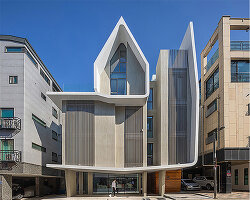 house-shaped volume in korea by rieuldorang atelier marks 'with home' corporate identity