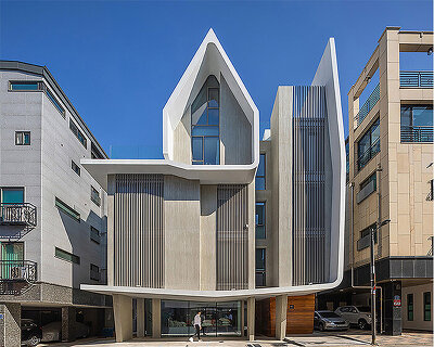 house-shaped volume in korea by rieuldorang atelier marks 'with home' corporate identity