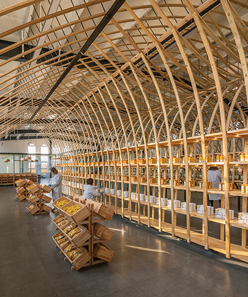 LUO studio bends wooden panels into spellbinding exhibition display