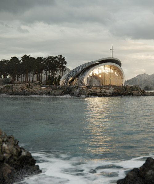 bair design envisions a luminous chapel of concrete shells to watch over coast of norway
