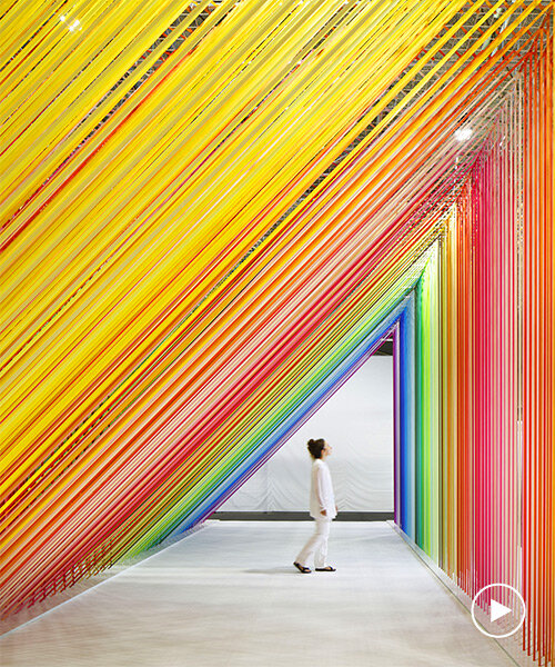 emmanuelle moureaux uses 6,000 masking tape strips to compose rainbow moiré in japan