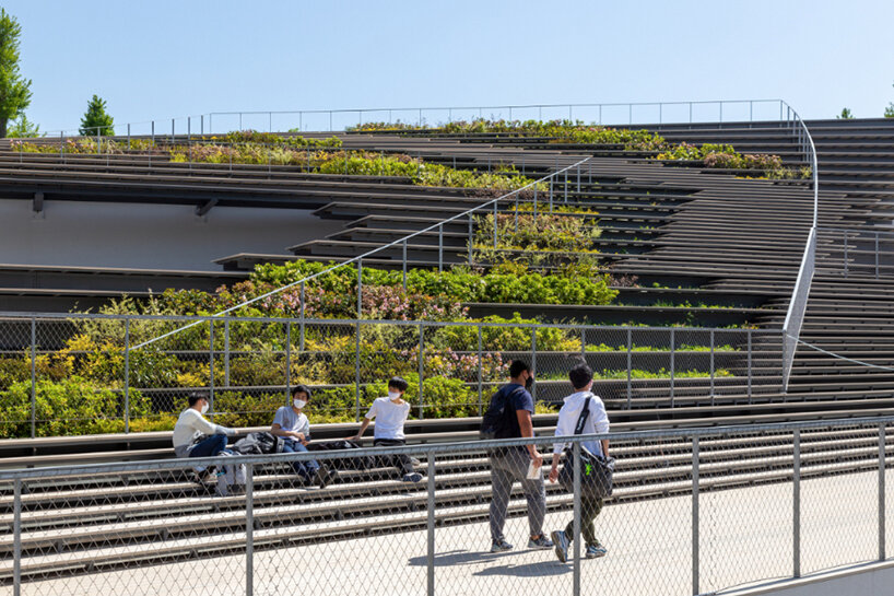 kengo kuma encloses this underground student center with a fluid green roof