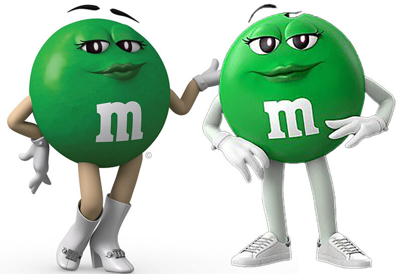 The green and brown M&Ms swap sexy heels for comfier shoes in a