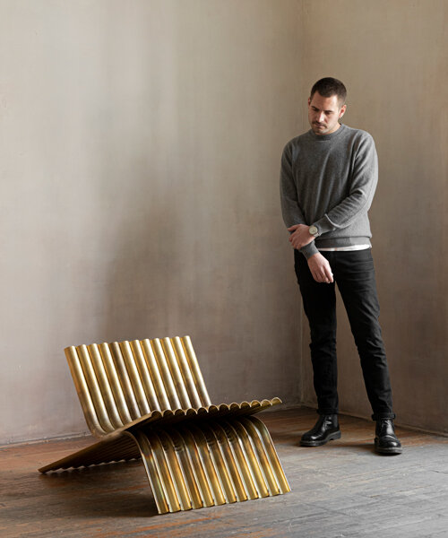 manu bañó expands his OBJ series with a lounge chair made of sliced brass tubes
