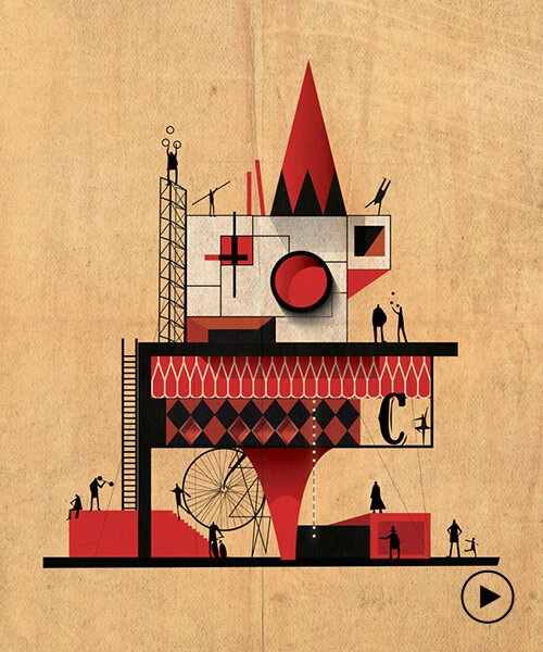 federico babina's illustrations stage dream-like architecture inside a circus show