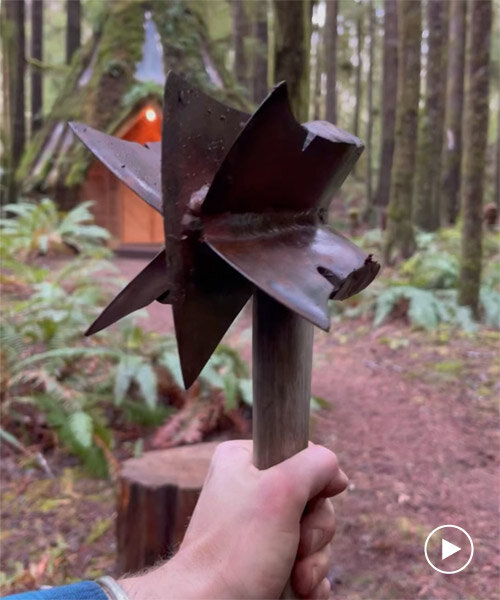 jacob witzling shows off these multi-bladed axes for splitting wood in cabinland