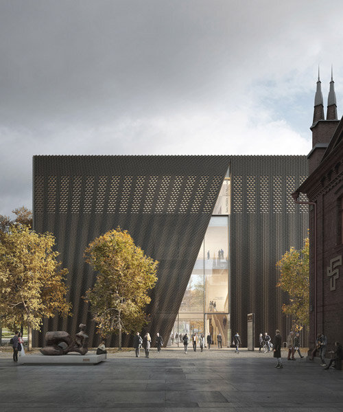luca poian forms' sara hildén art museum is cloaked in an intricate urban-scale curtain