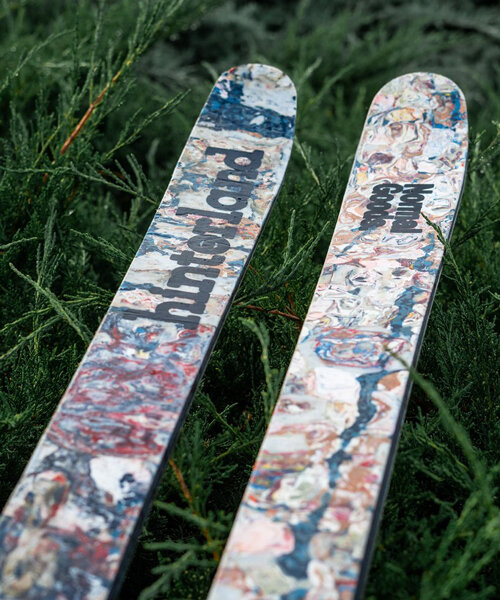 melted down plastic bags create sustainable skis with a marbled effect