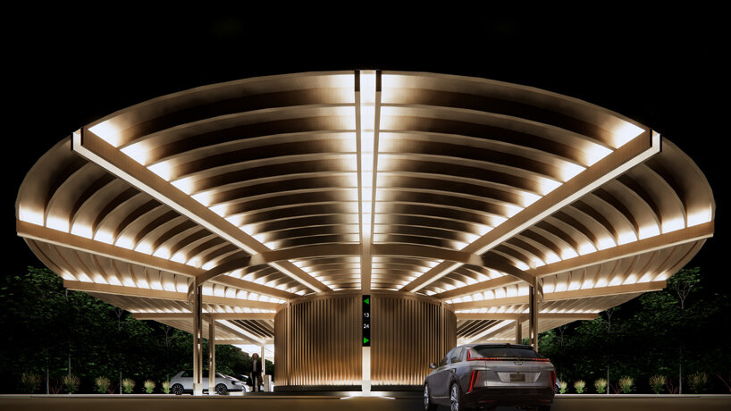 architects imagine the electric fueling station of the future as roadside oasis