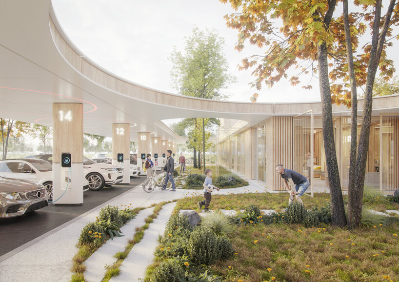 architects imagine the electric fueling station of the future as roadside oasis