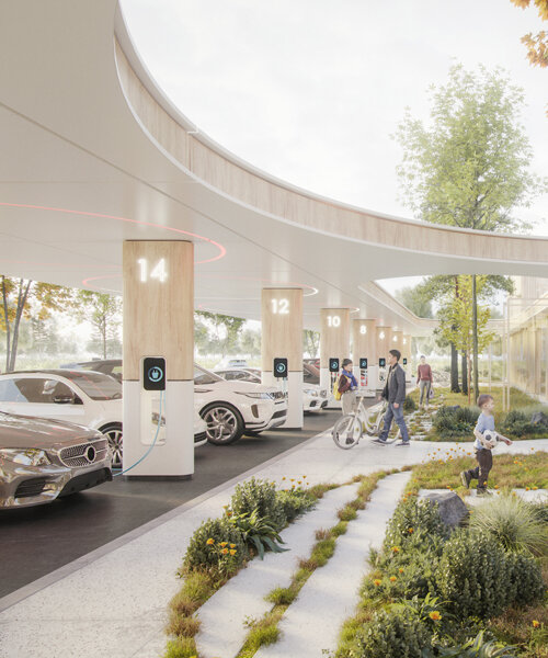 architects imagine the electric fueling station of the future as roadside oasis