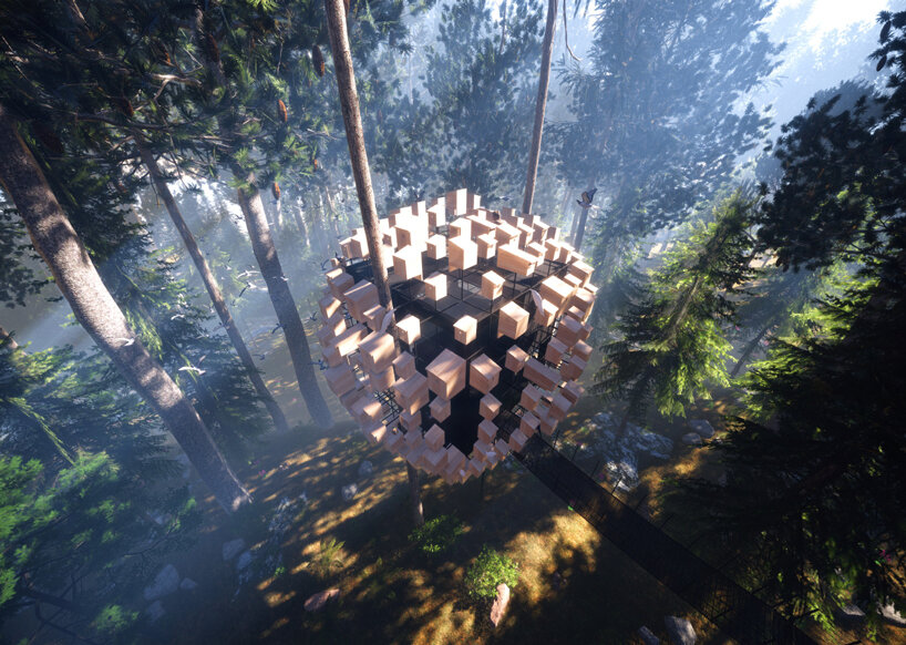 BIG designs treetop hotel room with a façade of bird nests in sweden