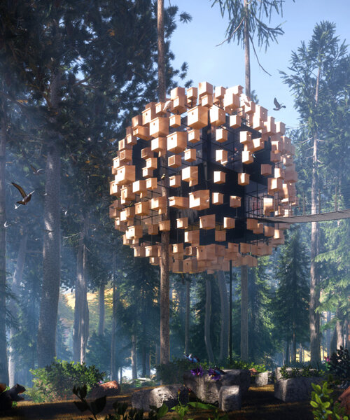 BIG designs treetop hotel room with a façade of bird nests in sweden
