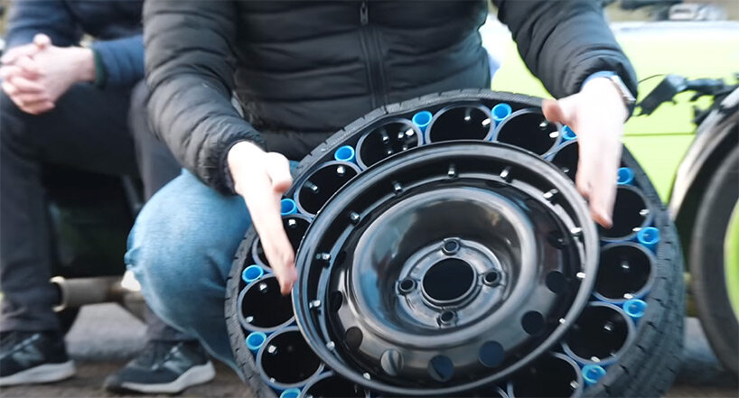 DIY airless tires made of PVC pipes, bolts and nuts