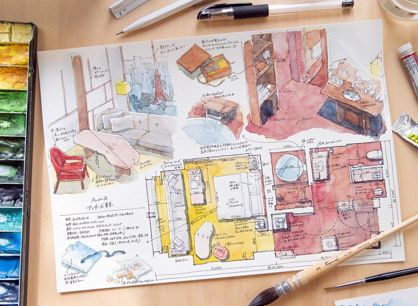 artist kei endo accurately details japanese hotel rooms with watercolor and gel pens
