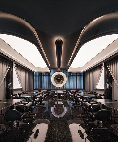 organic lights, mirrors & dark hues complete restaurant renovation by PIG design in hangzhou