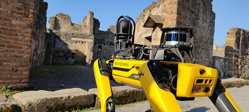 boston dynamics' dog robot SPOT sniffs out to guard the ruins of pompeii