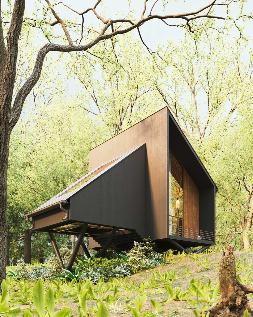 Biophilic tiny cabin proposal by Milad Eshtiyaghi hovers above verdant rainforest in Brazil