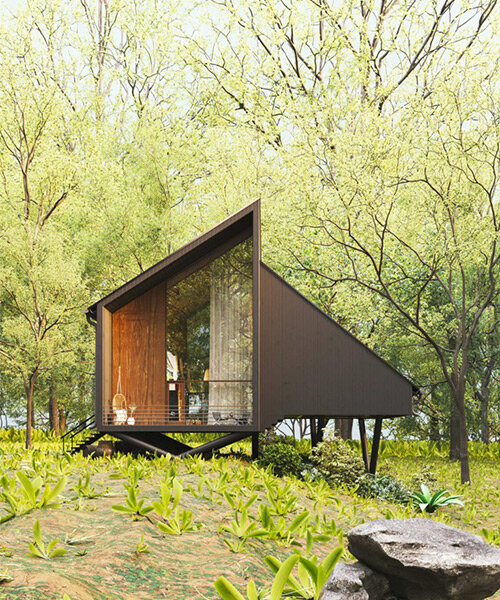 biophilic tiny cabin proposal by milad eshtiyaghi hovers above verdant rainforest in brazil