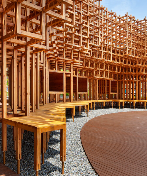 the modular 'forest pavilion' by IDS is a blurred timber cloud in south korea