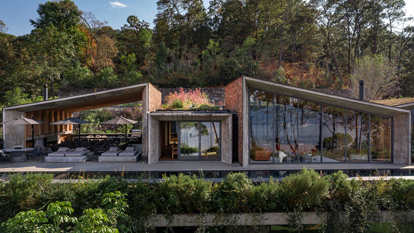 nestled atop steep hills, these twin houses in mexico weave into their forested context