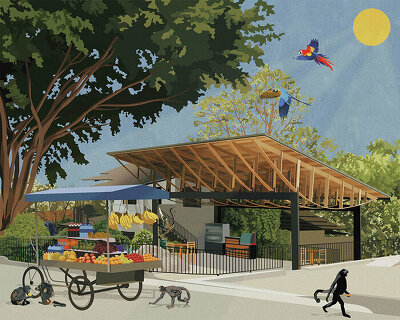 natura futura installs sculptural wooden canopy over art & food hub in ecuador