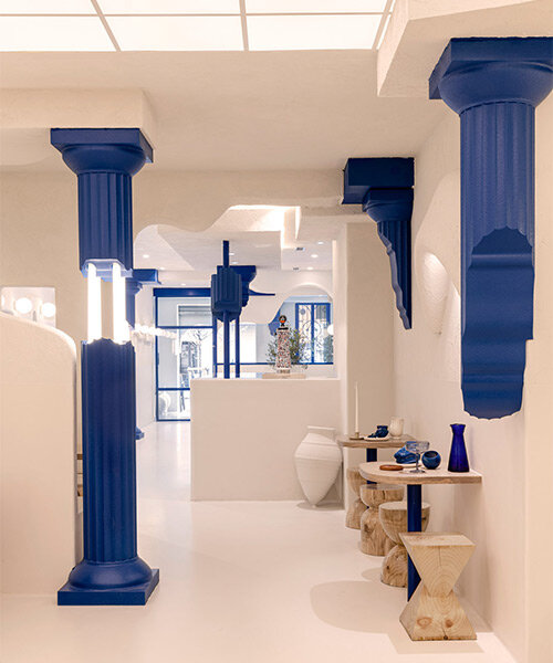 blue 3D printed ancient columns emerge from masquespacio's greek restaurant in spain